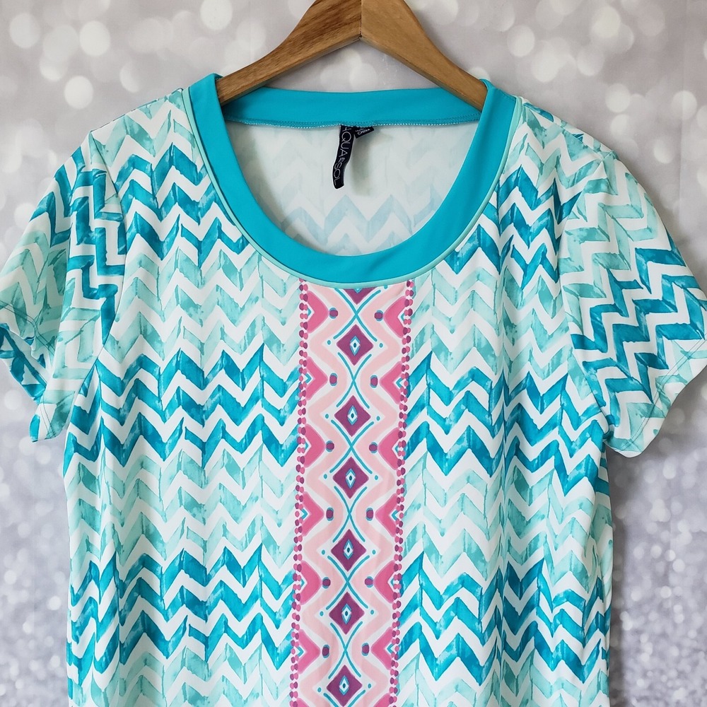 Aqua et Sol Blue Pink Short Sleeve Nylon Spandex Swim Dress Coverup Womens XL